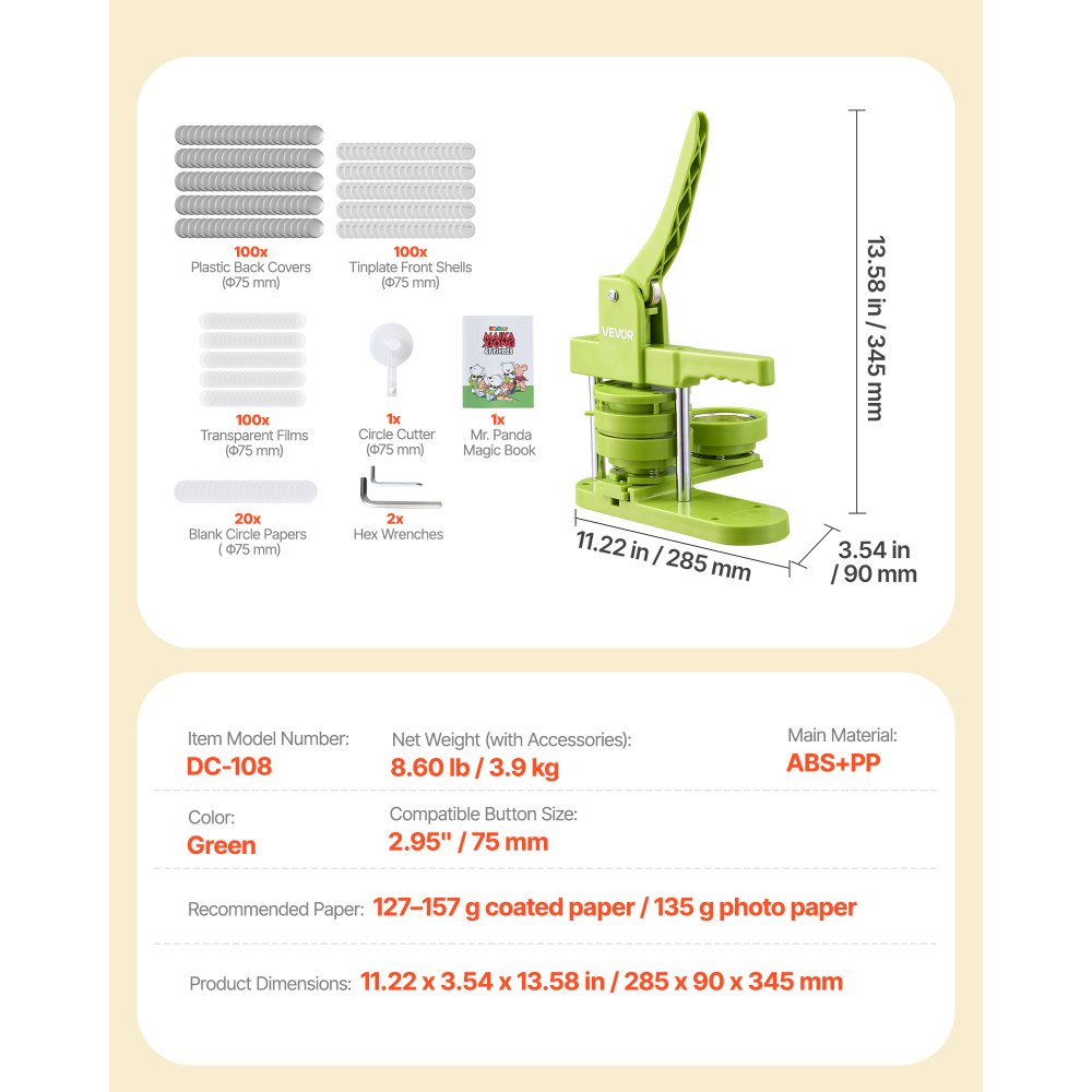 VEVOR Button Maker Machine, 75 mm, Plastic Pin Maker with 100pcs Button Parts, Mr. Panda Magic Book, Circle Cutter and Hex Wrenches, Reinforced Ergonomic Handle, for DIY Badges, Personalized Pins