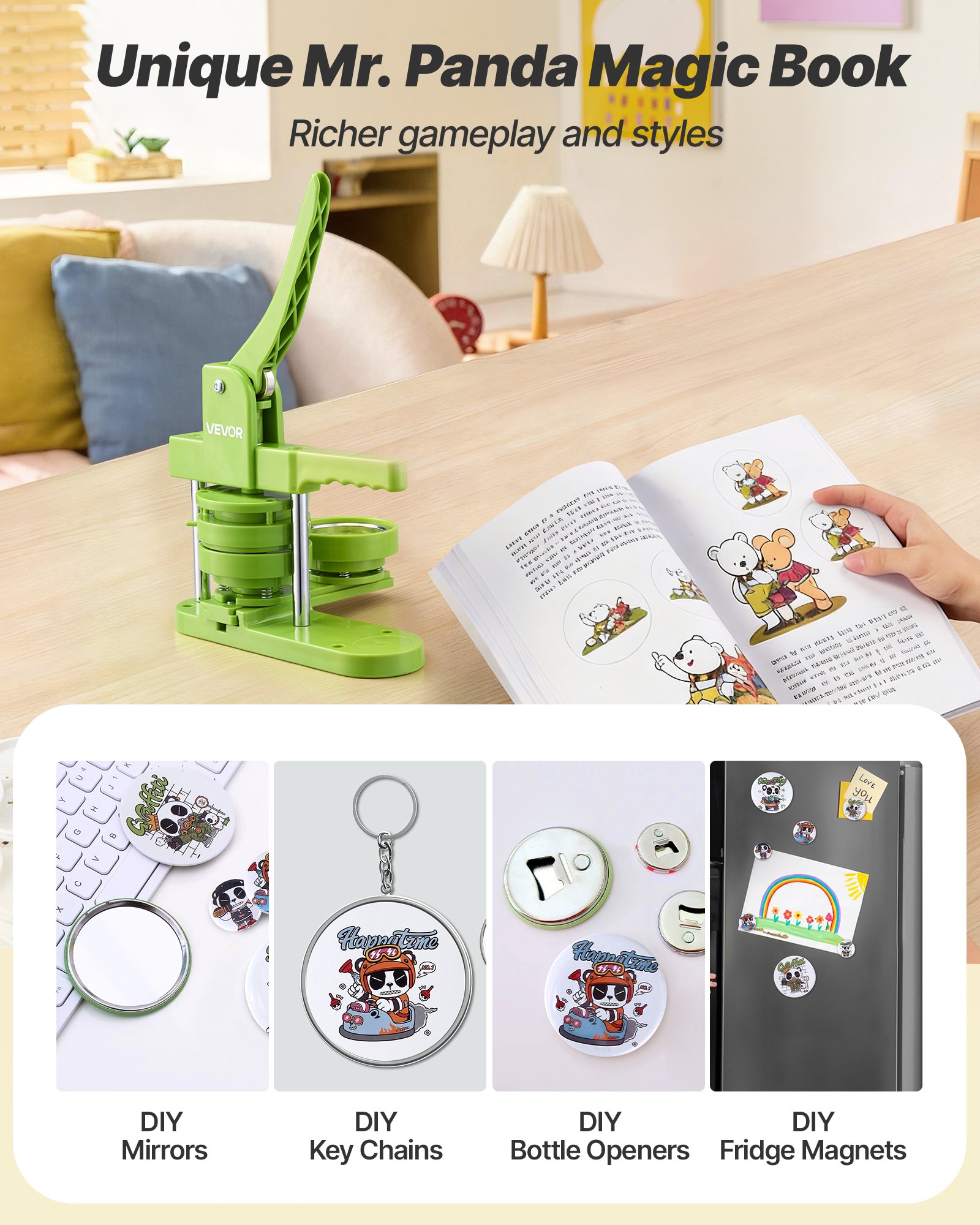 VEVOR Button Maker Machine, 75 mm, Plastic Pin Maker with 100pcs Button Parts, Mr. Panda Magic Book, Circle Cutter and Hex Wrenches, Reinforced Ergonomic Handle, for DIY Badges, Personalized Pins