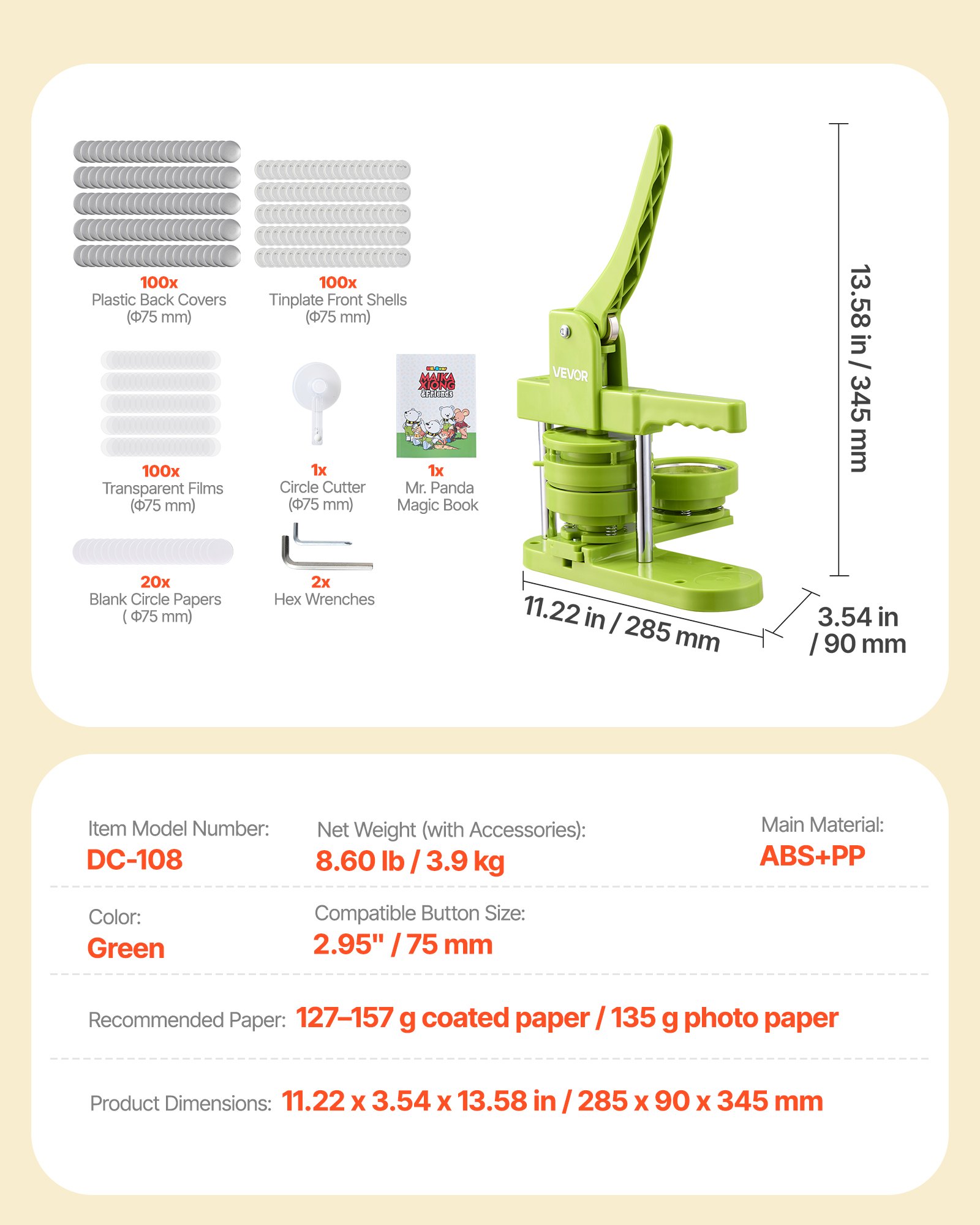 VEVOR Button Maker Machine, 75 mm, Plastic Pin Maker with 100pcs Button Parts, Mr. Panda Magic Book, Circle Cutter and Hex Wrenches, Reinforced Ergonomic Handle, for DIY Badges, Personalized Pins