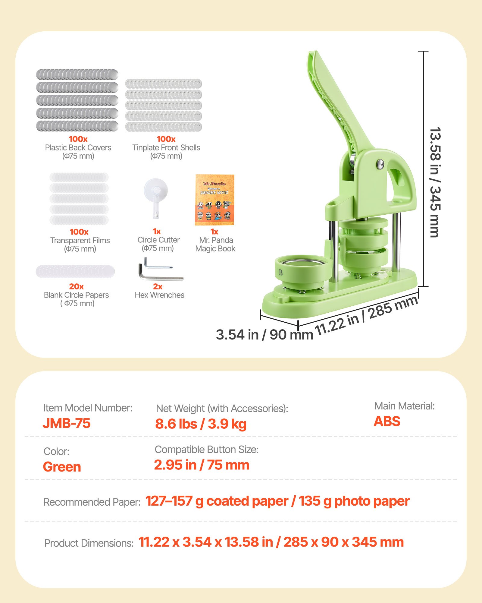 VEVOR Button Maker Machine, 75 mm, Plastic Pin Maker with 100pcs Button Parts, Circle Cutter and Magic Book, Reinforced Ergonomic Handle, for DIY Badges, Personalized Pins and Key Chains, Green