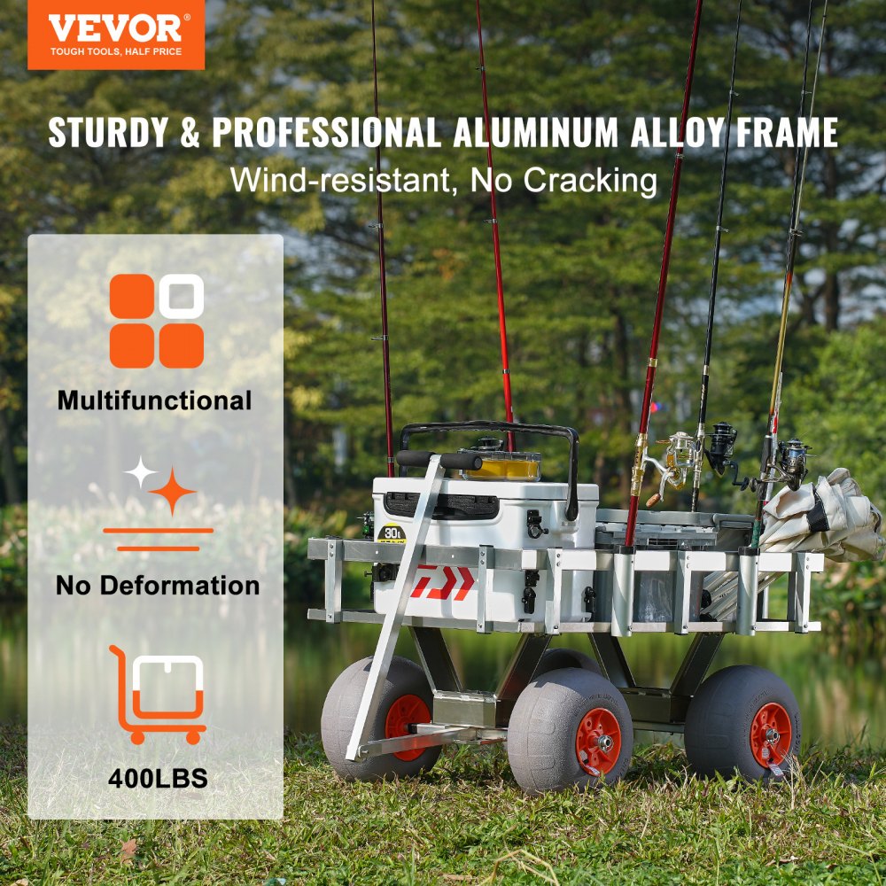 VEVOR beach fishing cart with aluminum alloy frame, fishing poles, and gear in grassy outdoor setting.