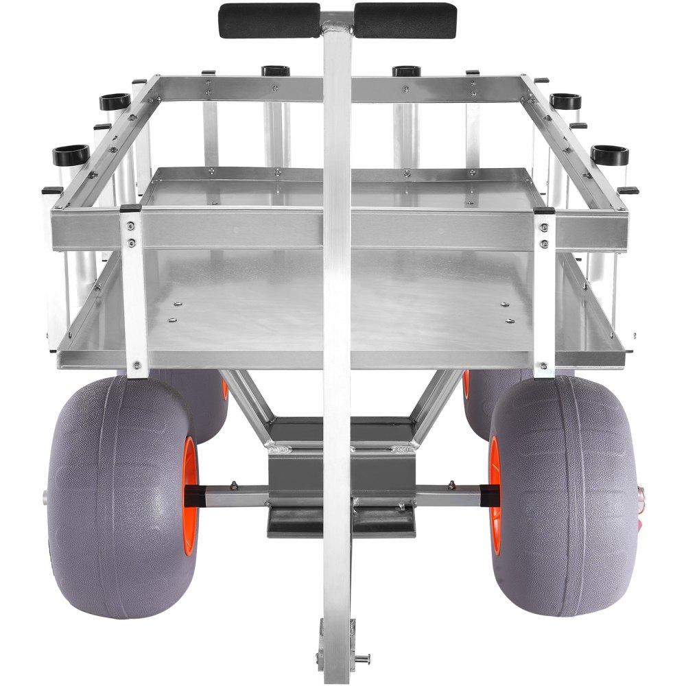 VEVOR beach fishing cart with large gray and orange wheels, metal frame, and multiple fishing rod holders.