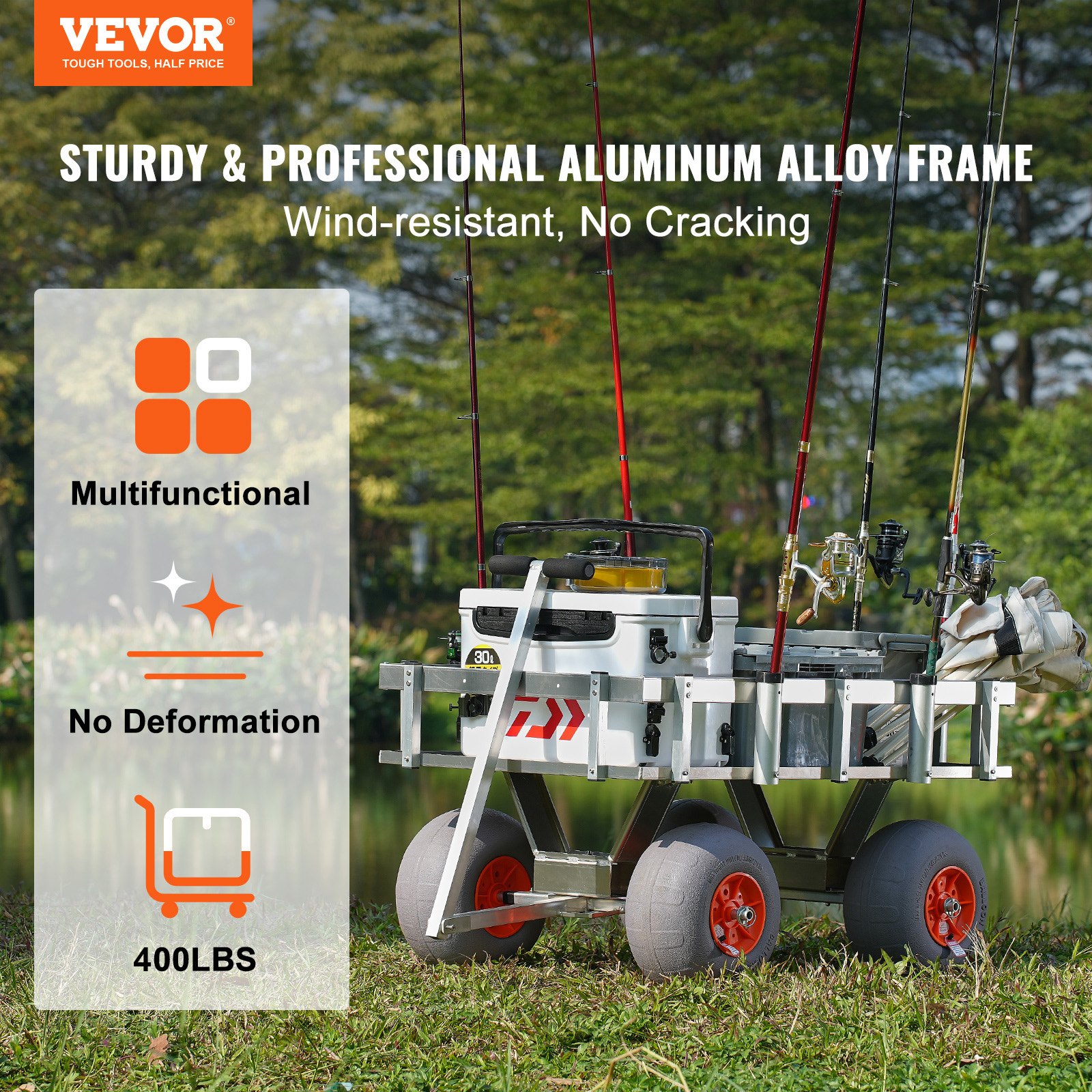 VEVOR beach fishing cart with aluminum alloy frame, fishing poles, and gear in grassy outdoor setting.