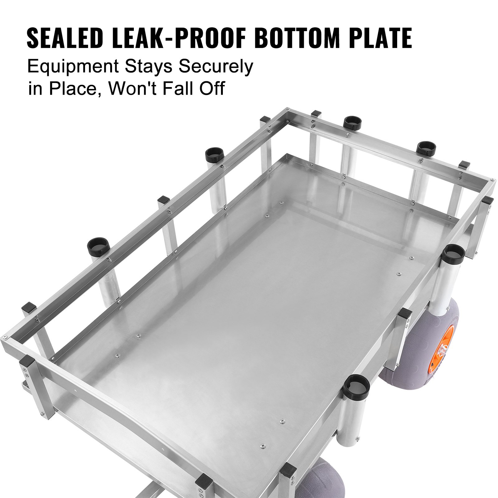 VEVOR beach fishing cart with sealed leak-proof bottom plate and large wheels for stability.