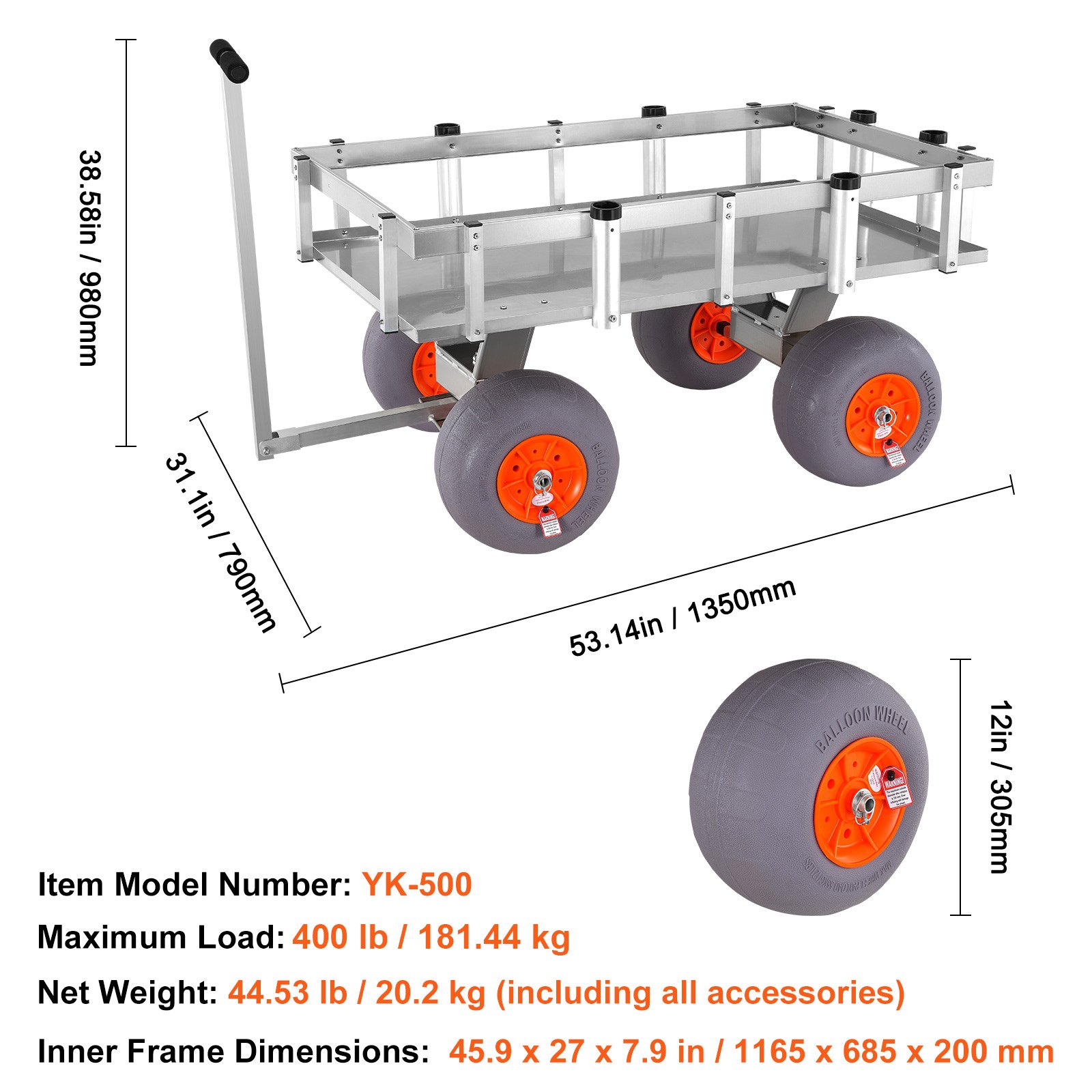 VEVOR beach fishing cart with large balloon wheels, 500 lb capacity, and dimensions labeled. model: yk-500.