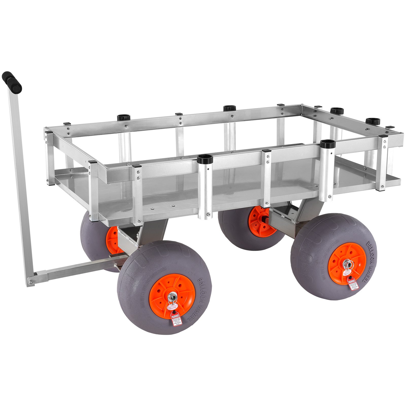 VEVOR beach fishing cart with large orange wheels, sturdy metal frame, and handle for easy transport.