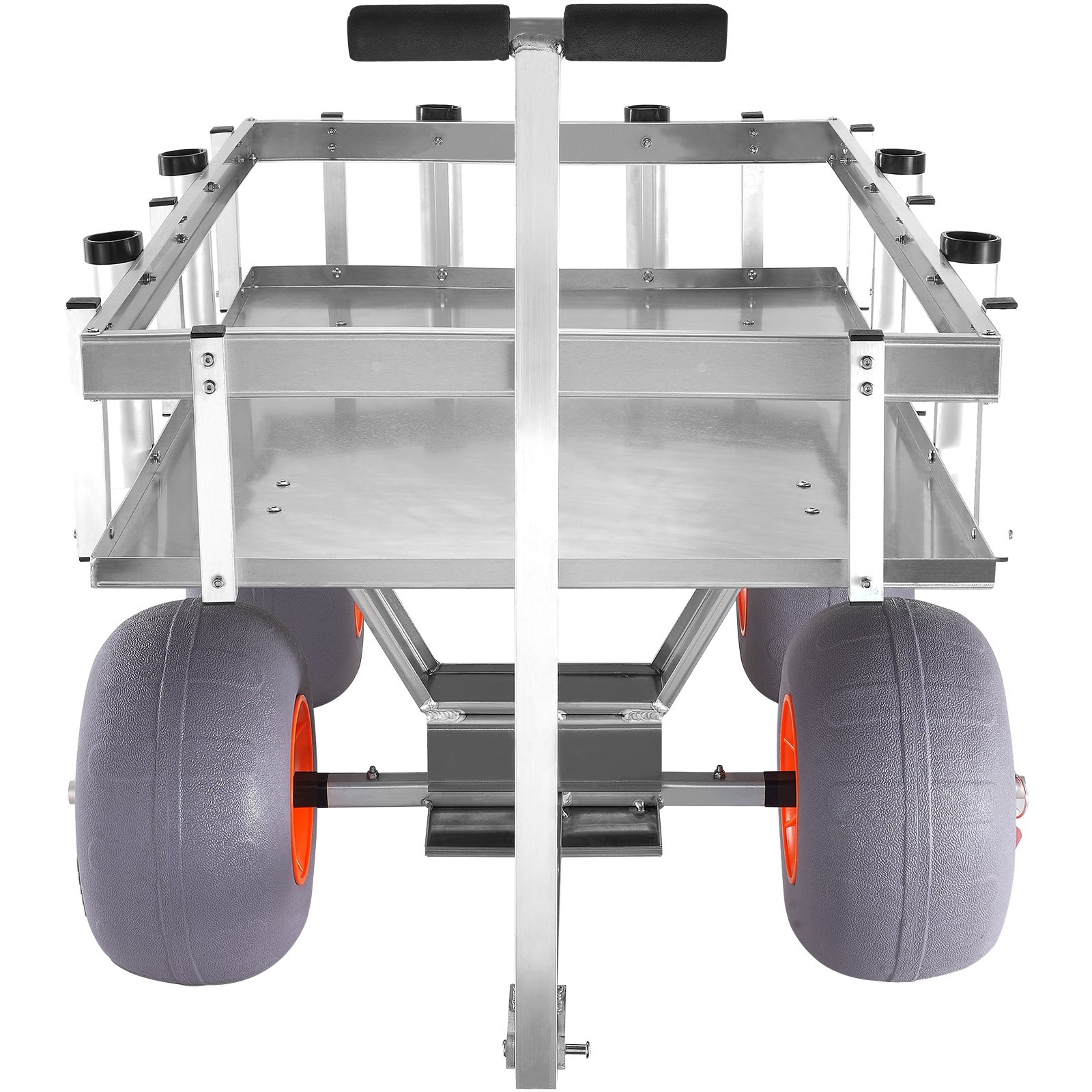 VEVOR beach fishing cart with large gray and orange wheels, metal frame, and multiple fishing rod holders.