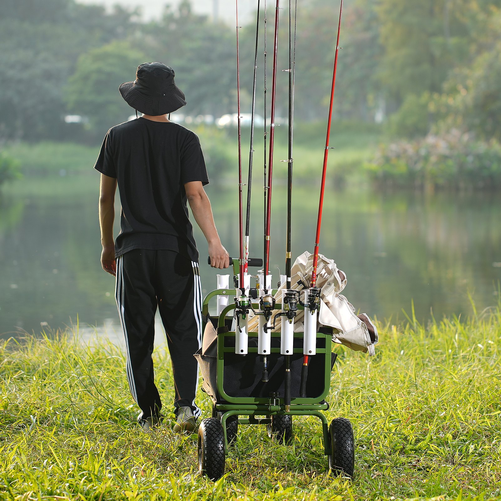 VEVOR Beach Fishing Cart, 136kg Load Capacity, Foldable Fish and Marine Cart with Four 280mm Big Wheels Rubber Balloon Tires, Heavy-Duty Steel Pier Wagon Trolley with 8 Rod Holders for Picnic