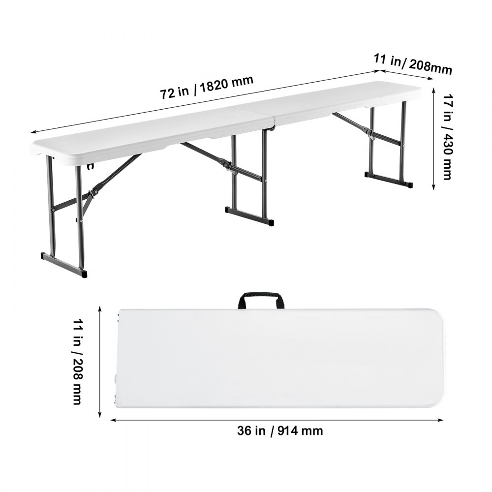 VEVOR folding bench, dimensions: 72 in x 11 in x 17 in, folded size: 36 in x 11 in, white with black legs.