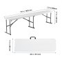 VEVOR folding bench, dimensions: 72 in x 11 in x 17 in, folded size: 36 in x 11 in, white with black legs.