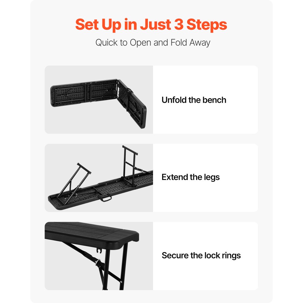 VEVOR Plastic Folding Bench, 6 ft Portable Bench for Indoor/Outdoor Picnic Party Patio Camping Dining, Foldable Smooth HDPE Seat for Garden Soccer Multipurpose Entertaining Activities, 1 Pack, Black