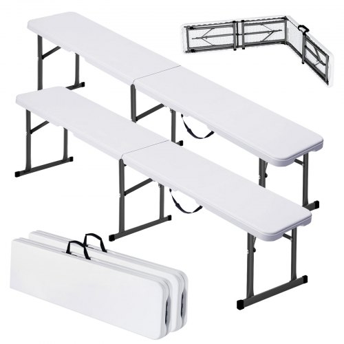 VEVOR Plastic Folding Bench, 6 ft Portable Bench for Indoor/Outdoor Picnic Party Patio Camping Dining, Foldable Smooth HDPE Seat for Garden Soccer Multipurpose Entertaining Activities, 2 Pack, White