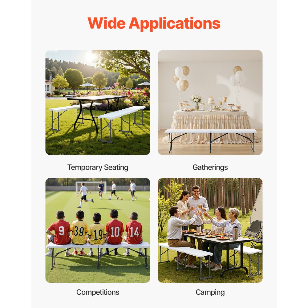 VEVOR Plastic Folding Bench, 6 ft Portable Bench for Indoor/Outdoor Picnic Party Patio Camping Dining, Foldable Smooth HDPE Seat for Garden Soccer Multipurpose Entertaining Activities, 2 Pack, White