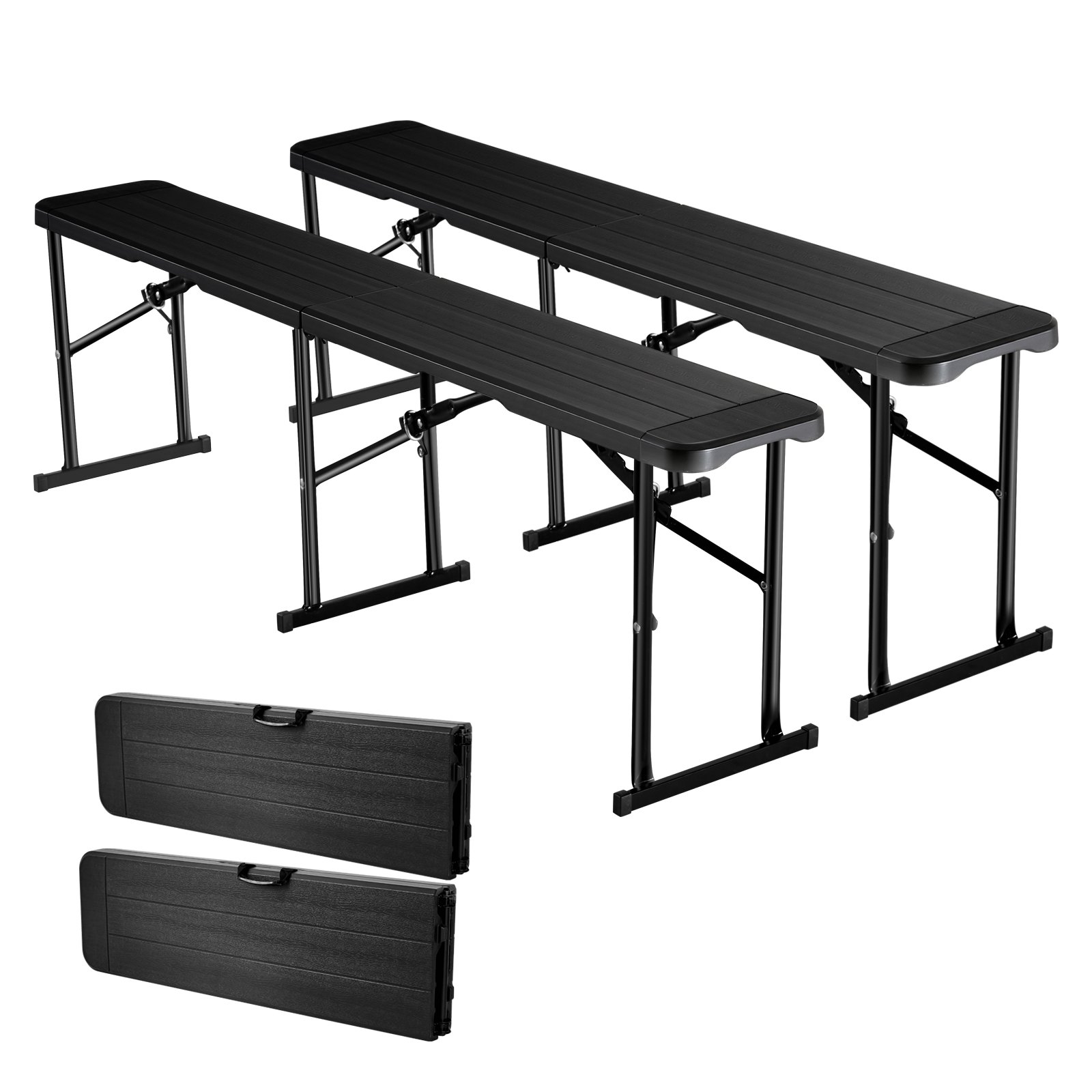 VEVOR Plastic Folding Bench, 6 ft Portable Bench for Outdoor Picnic Party Camping Dining, Foldable Smooth HDPE Seat for Garden Soccer Multipurpose Entertaining Activities, 2 Pack, 2 Carry Bags, Black
