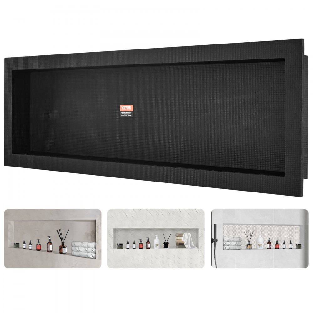 VEVOR Sprchový výklenok pripravený na dlaždice 40,64 x 127 cm, organizér s jednou policou, hranaté rohy Výklenok vložený do steny Zapustený, utesnená ochrana Moderný výklenok na odkladanie mydla pre sprchovací kút, čierna
