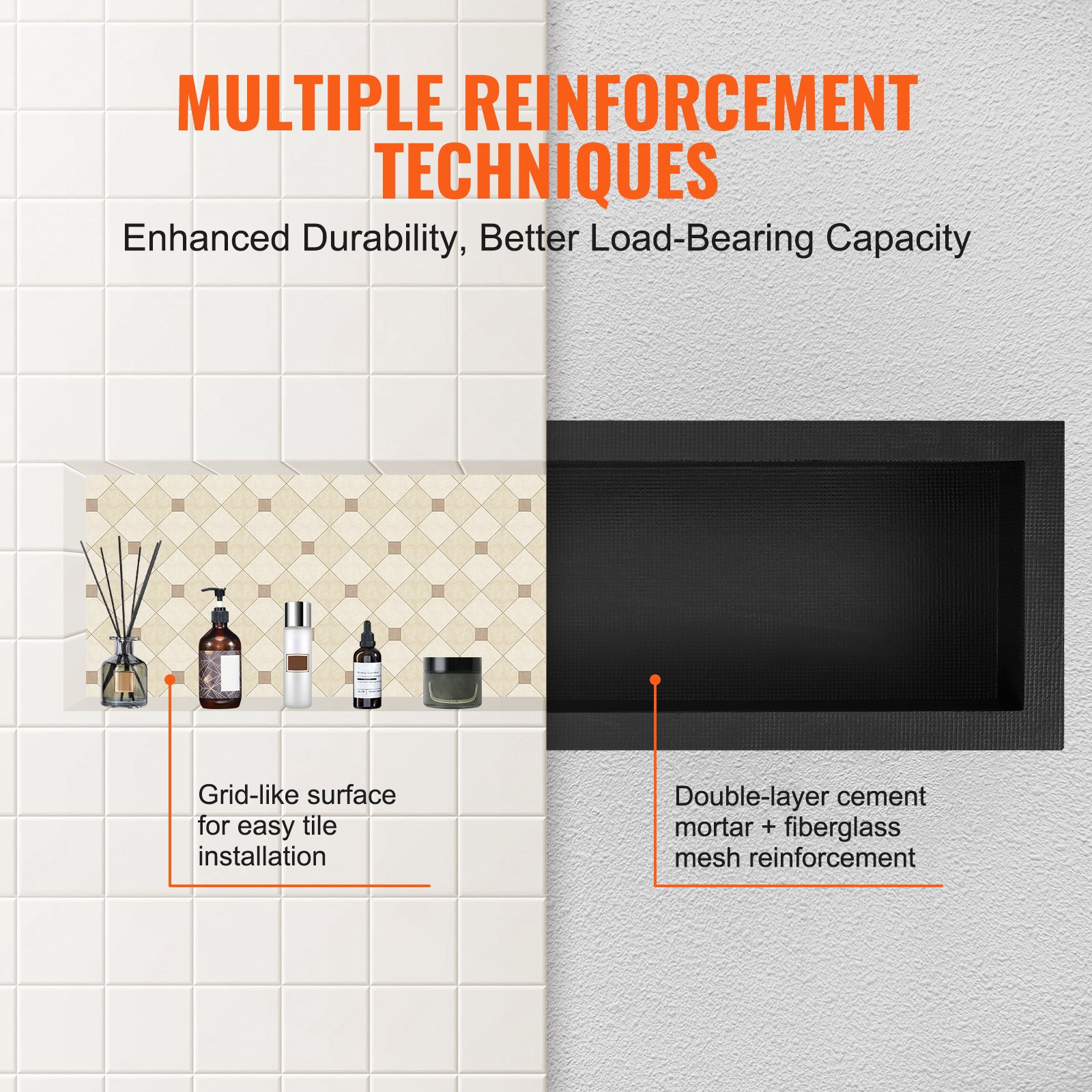 VEVOR Shower Niche Ready for Tile 40.64 x 127 cm, Single Shelf Organizer, Square Corners Wall-inserted Niche Recessed, Sealed Protection Modern Soap Storage Niche for Shower Bathroom, Black