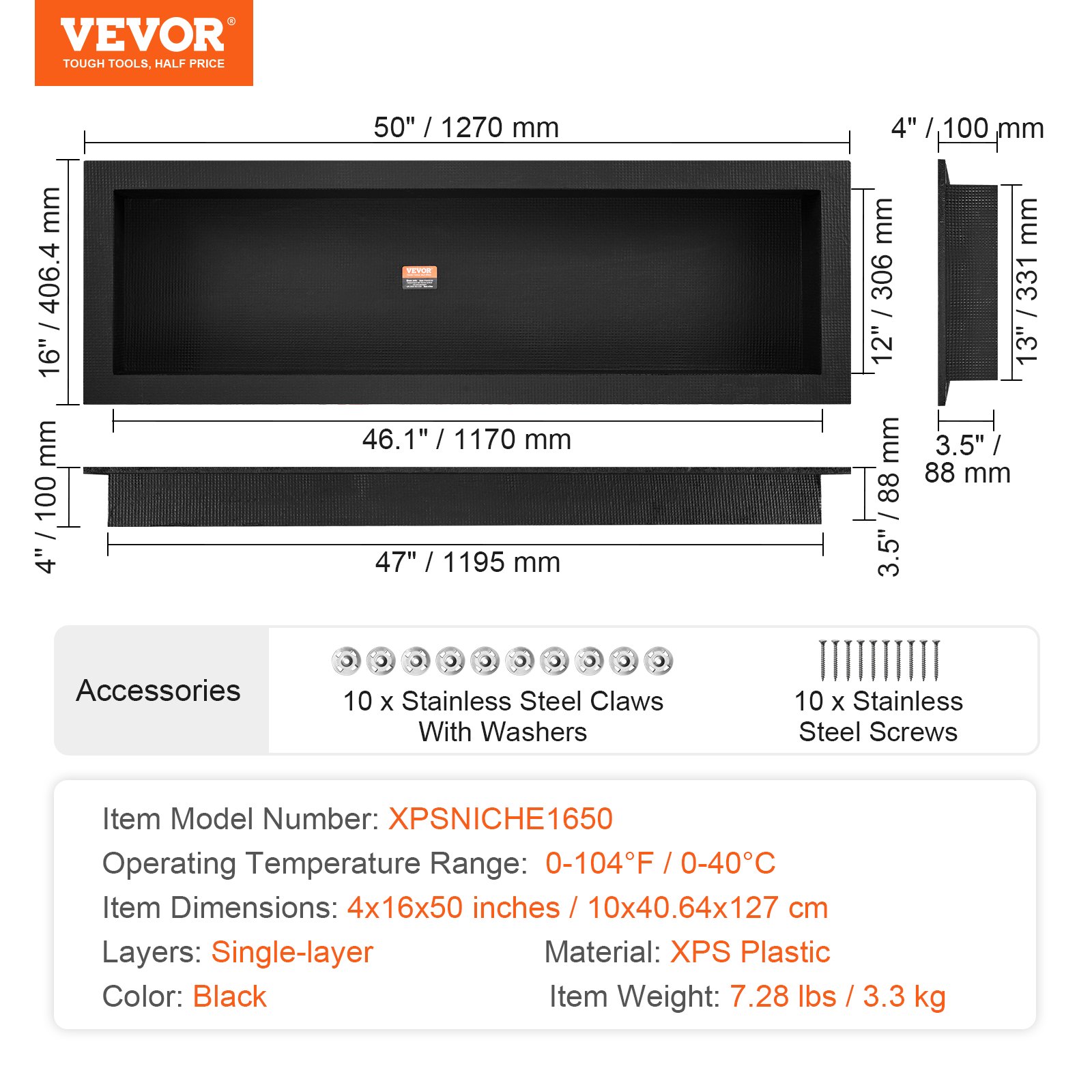 VEVOR Shower Niche Ready for Tile 40.64 x 127 cm, Single Shelf Organizer, Square Corners Wall-inserted Niche Recessed, Sealed Protection Modern Soap Storage Niche for Shower Bathroom, Black