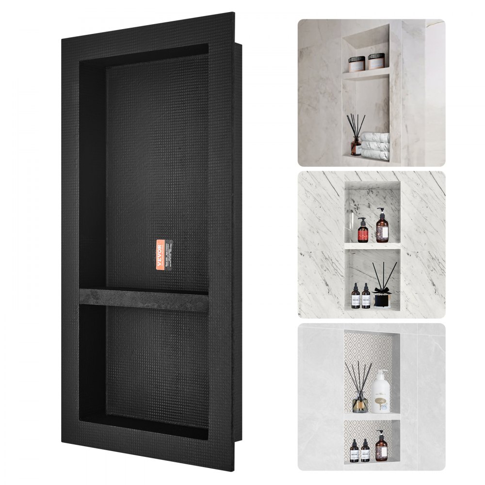 VEVOR Nișă de duș gata pentru gresie 40,64 x 81,28 cm, organizator cu raft dublu, colțuri pătrate, nișă încastrată pe perete, protecție etanșă, nișă modernă de depozitare a săpunului pentru baie de duș, negru