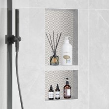 VEVOR Nicho de ducha listo para azulejos de 16.0 x 24.0 in, organizador de doble estante, esquinas cuadradas, nicho empotrado en la pared, protección sellada, moderno nicho de almacenamiento de jabón para baño de ducha, negro