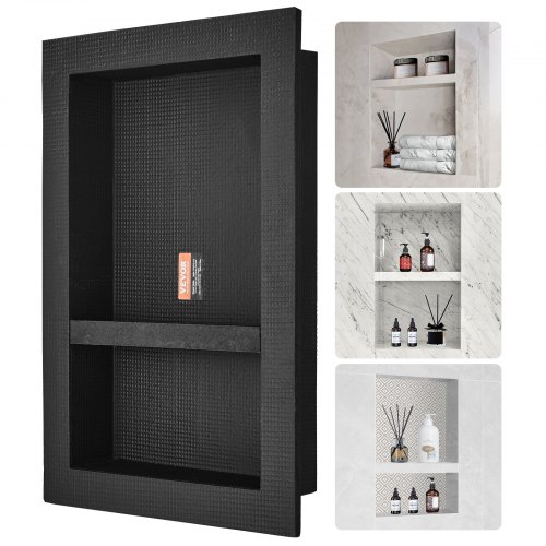 VEVOR Shower Niche Ready for Tile 40.64 x 60.96 cm, 16 x 24 inch Double Shelf Organizer, Square Corners Wall-inserted Niche Recessed, Sealed Protection Modern Soap Storage Niche for Shower Bathroom, Black