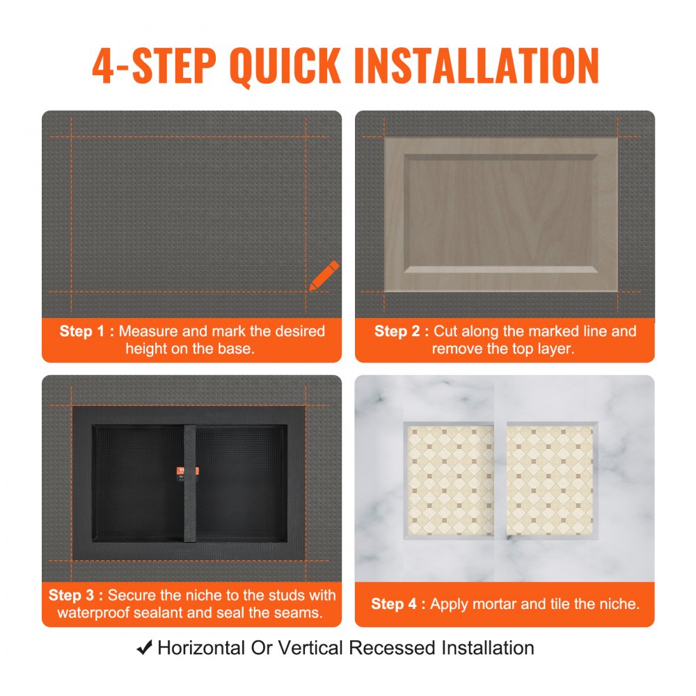 VEVOR Shower Niche Ready for Tile 40.64 x 60.96 cm, Double Shelf Organizer, Square Corners Wall-inserted Niche Recessed, Sealed Protection Modern Soap Storage Niche for Shower Bathroom, Black