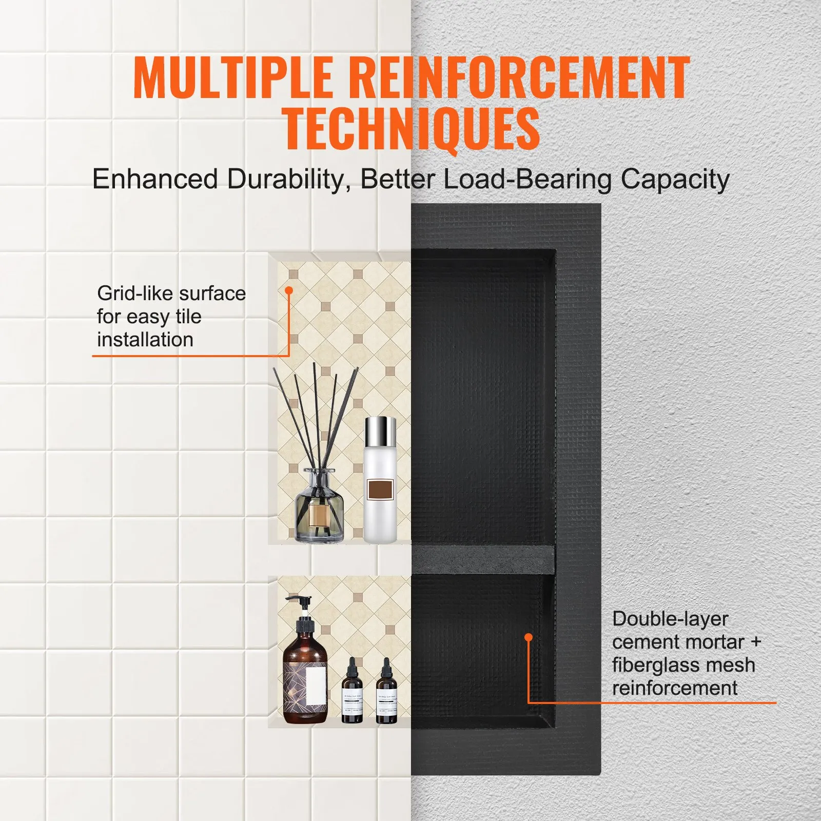 VEVOR Shower Niche Ready for Tile 40.64 x 60.96 cm, Double Shelf Organizer, Square Corners Wall-inserted Niche Recessed, Sealed Protection Modern Soap Storage Niche for Shower Bathroom, Black