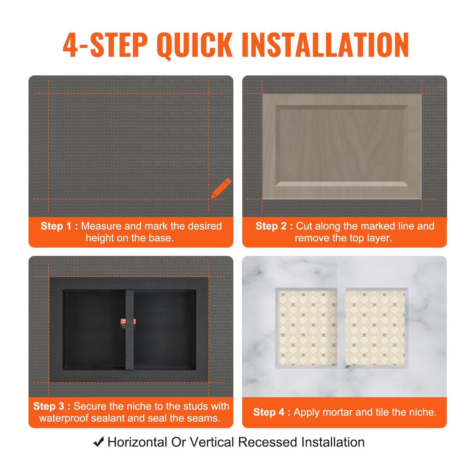 VEVOR Shower Niche Ready for Tile 40.64 x 60.96 cm, Double Shelf Organizer, Square Corners Wall-inserted Niche Recessed, Sealed Protection Modern Soap Storage Niche for Shower Bathroom, Black