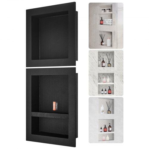 VEVOR Shower Niche Ready for Tile 16" x 16" & 16" x 20", Triple Shelf Organizer, Square Corners Wall-inserted Niche Recessed, Sealed Protection Modern Soap Storage Niche for Shower Bathroom, Black