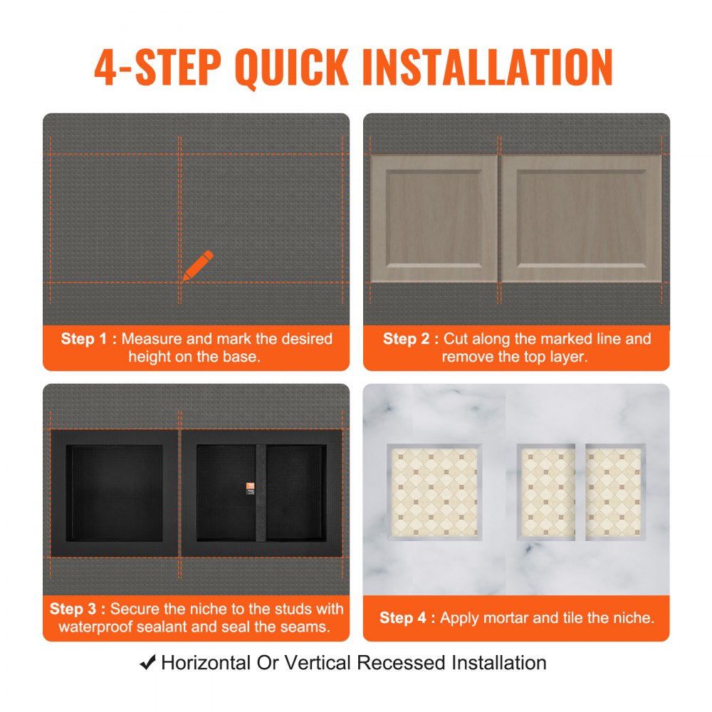 VEVOR Shower Niche Ready for Tile 16" x 16" & 16" x 20", Triple Shelf Organizer, Square Corners Wall-inserted Niche Recessed, Sealed Protection Modern Soap Storage Niche for Shower Bathroom, Black