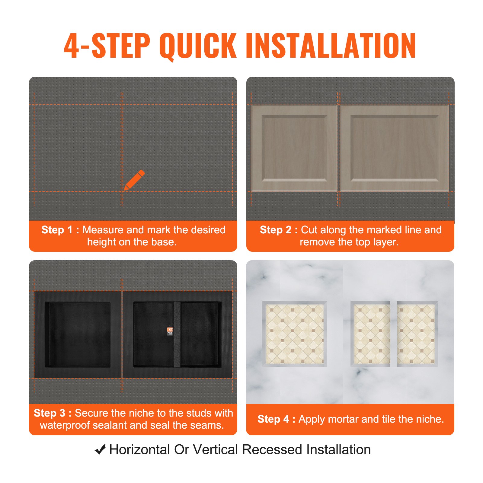 VEVOR Shower Niche Ready for Tile 16" x 16" & 16" x 20", Triple Shelf Organizer, Square Corners Wall-inserted Niche Recessed, Sealed Protection Modern Soap Storage Niche for Shower Bathroom, Black