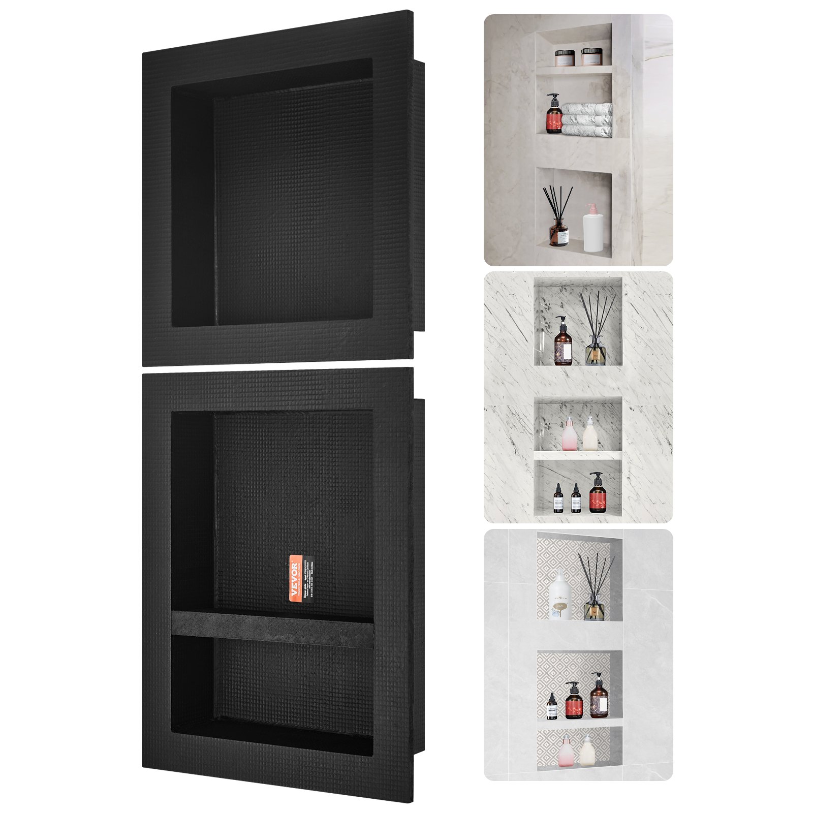 VEVOR Shower Niche Ready for Tile 16" x 16" & 16" x 20", Triple Shelf Organizer, Square Corners Wall-inserted Niche Recessed, Sealed Protection Modern Soap Storage Niche for Shower Bathroom, Black