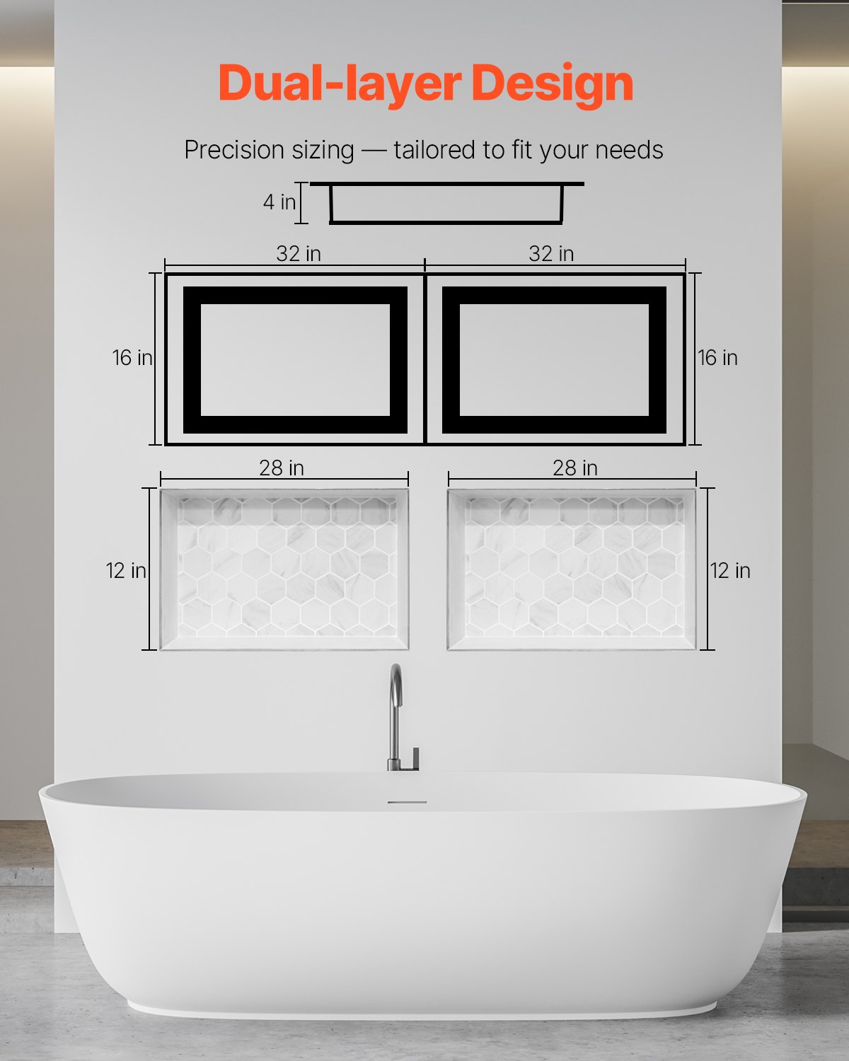 VEVOR Shower Niche, 40.6 x 81.3 cm + 40.6 x 81.3 cm Recessed Wall Niche with Movable Shelf, 10.2 cm Thick Modern Soap & Shampoo Storage Organizer,Square Corners,Sealed Waterproof, Black for Bathroom