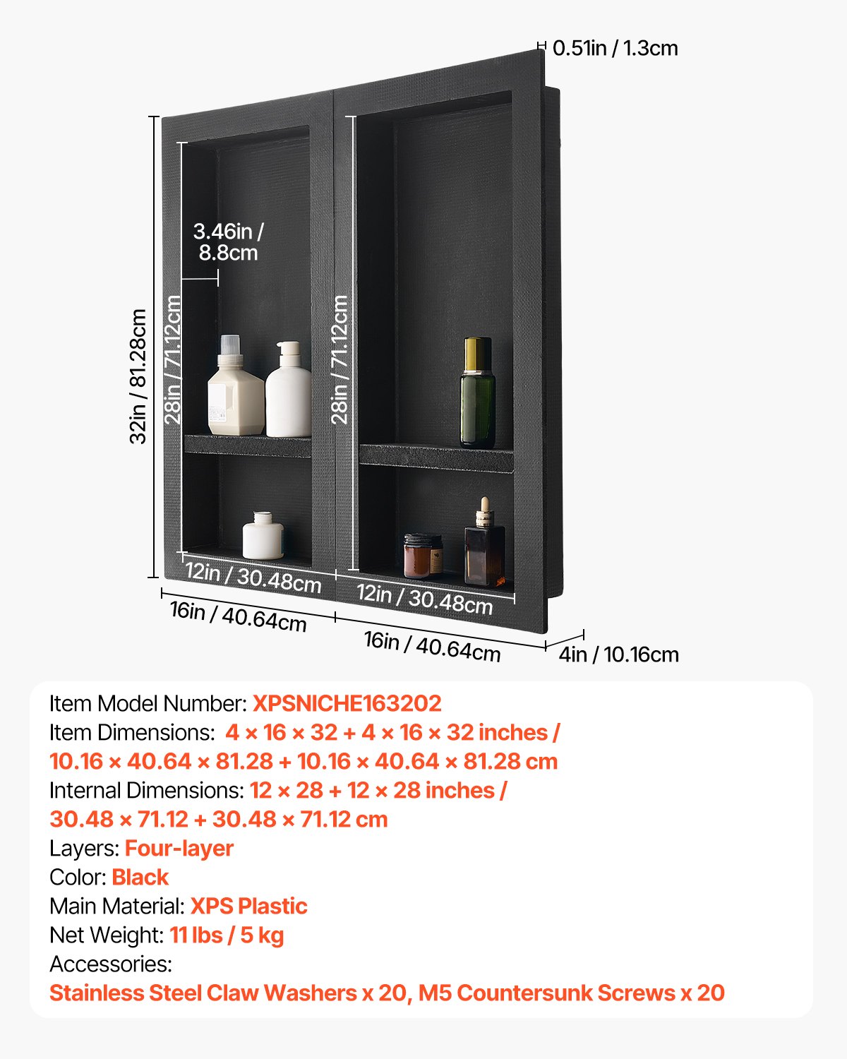 VEVOR Shower Niche, 40.6 x 81.3 cm + 40.6 x 81.3 cm Recessed Wall Niche with Movable Shelf, 10.2 cm Thick Modern Soap & Shampoo Storage Organizer,Square Corners,Sealed Waterproof, Black for Bathroom