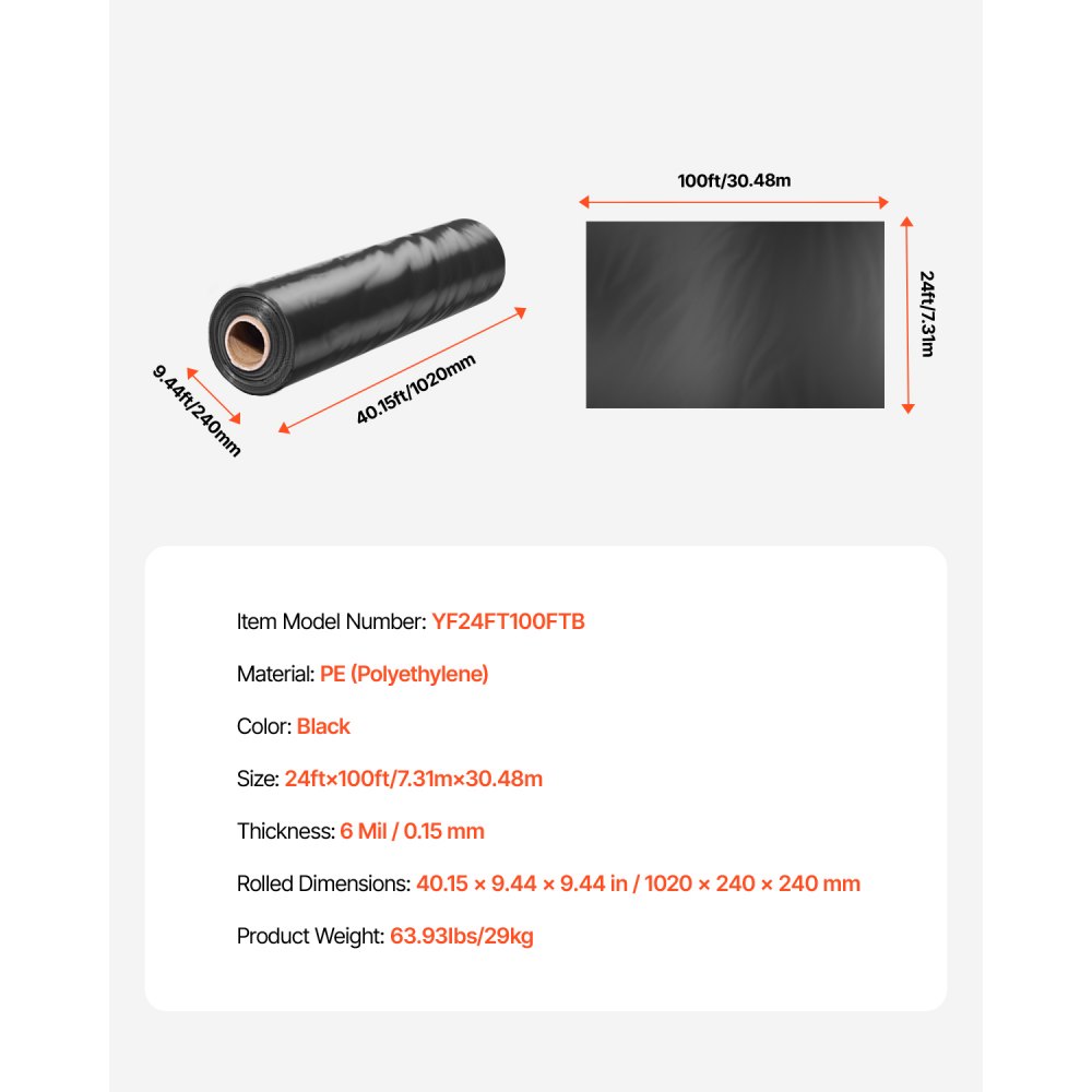 VEVOR 24' x 100' Plastic Sheeting Heavy Duty , 6 Mil Thick Plastic Sheeting Roll, Plastic Drop Cloth Painters Tarp, Polyethylene Covering for Crawl Space Vapor Barrier, Multi-Purpose, Black