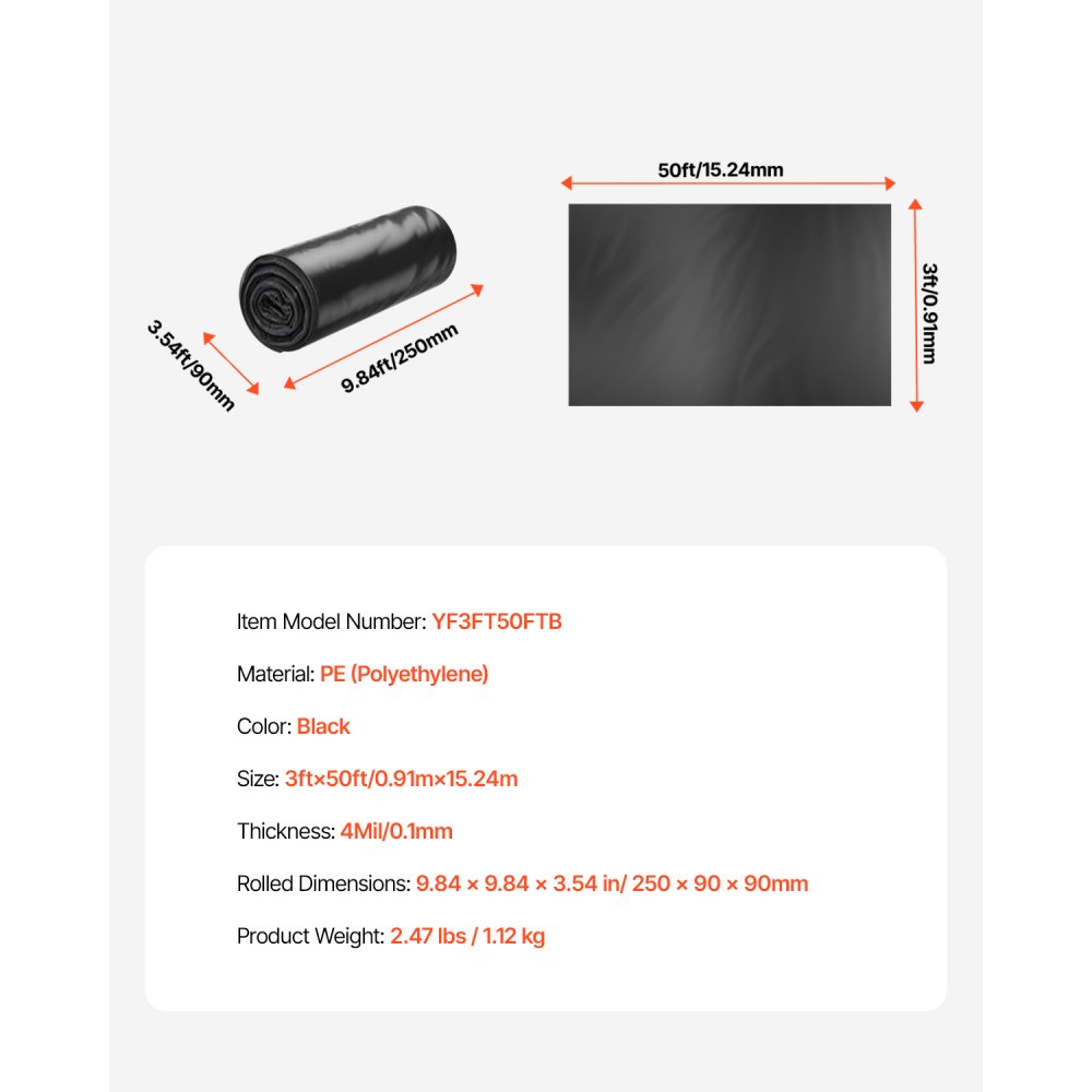 VEVOR - Lona de plástico resistente de 3 x 50 pies, rollo de 4 mil de grosor, lona de plástico para pintores, cubierta de polietileno para barrera de vapor de espacios de acceso, multiusos, color negro