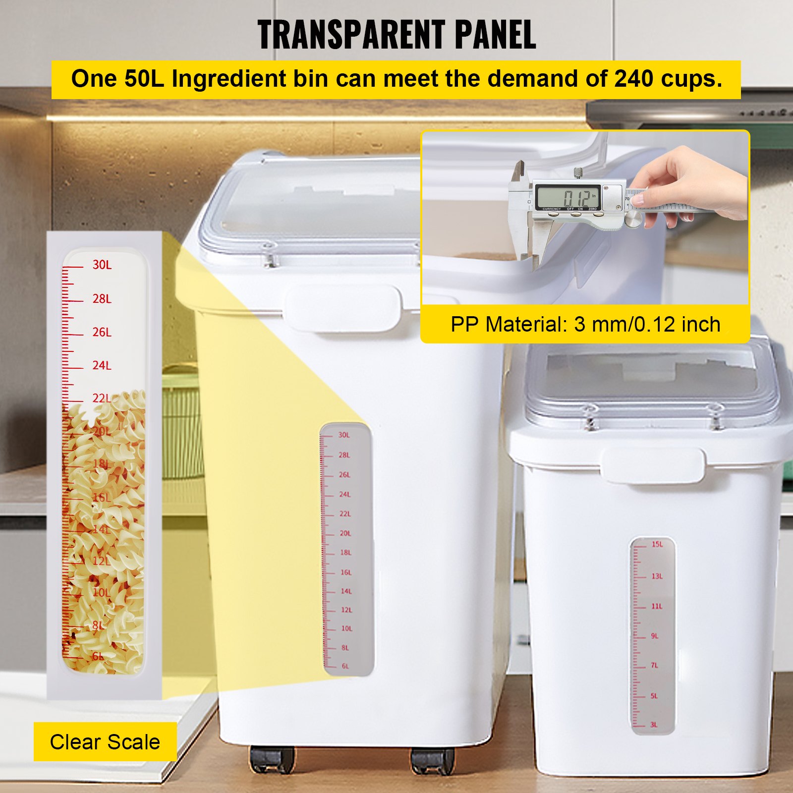 VEVOR Ingredient Storage Bin, 11.4+5.8 Gallon Capacity Shelf Ingredient Bin, 420 Cup Flour Bins on Wheels Commercial Prosave Shelf-storage Ingredient Bin with Lid and Scoop Rice Bin for Kitchen White