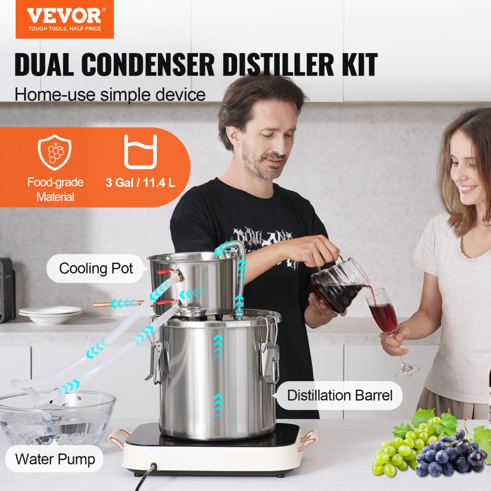 VEVOR Alcohol Still, 3 Gal / 11.4 L Stainless Steel Water Alcohol Distiller with Coil Cooling, Home Brewing Refining Fermentation Kit with Dual Display Thermometer, for Wine Whisky Brandy, Silver
