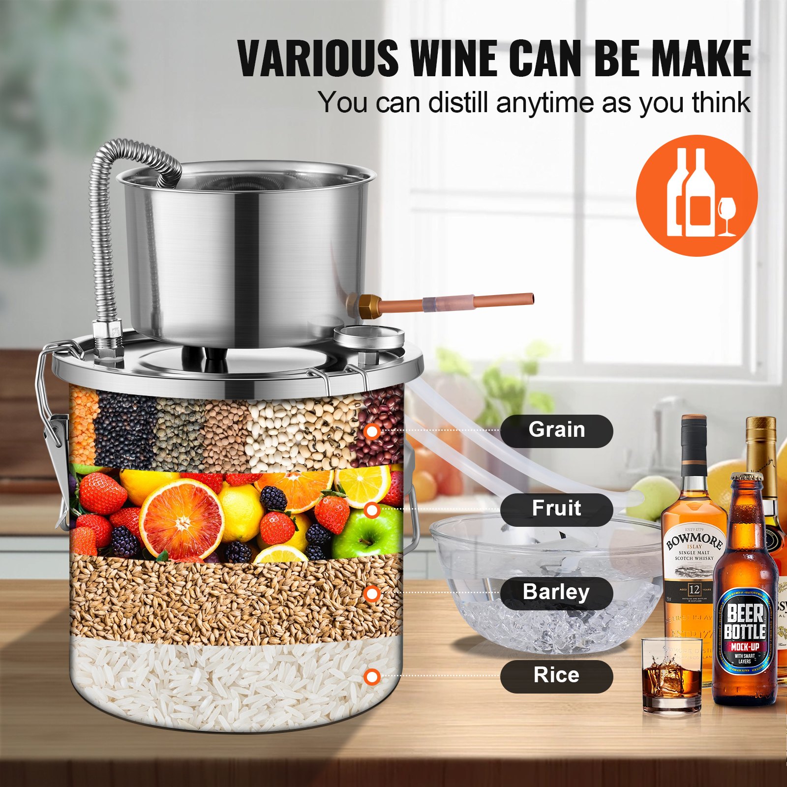 VEVOR Alcohol Still, 3 Gal / 11.4 L Stainless Steel Water Alcohol Distiller with Coil Cooling, Home Brewing Refining Fermentation Kit with Dual Display Thermometer, for Wine Whisky Brandy, Silver