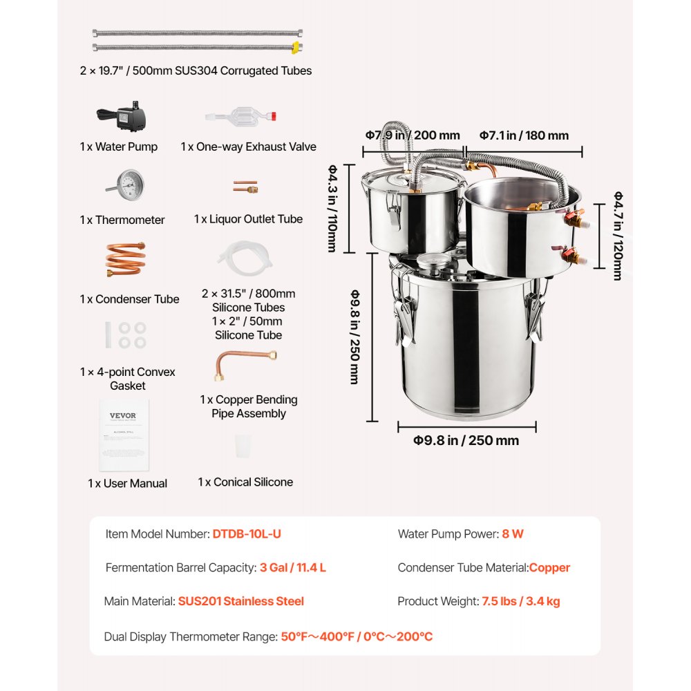 VEVOR Alcohol Still, 3 Gal / 11.4 L Stainless Steel Water Alcohol Distiller with Copper Coil for Fast Cooling, Dual Condenser Distiller Kit with Secondary Distillation, for Wine Whisky Brandy, Silver