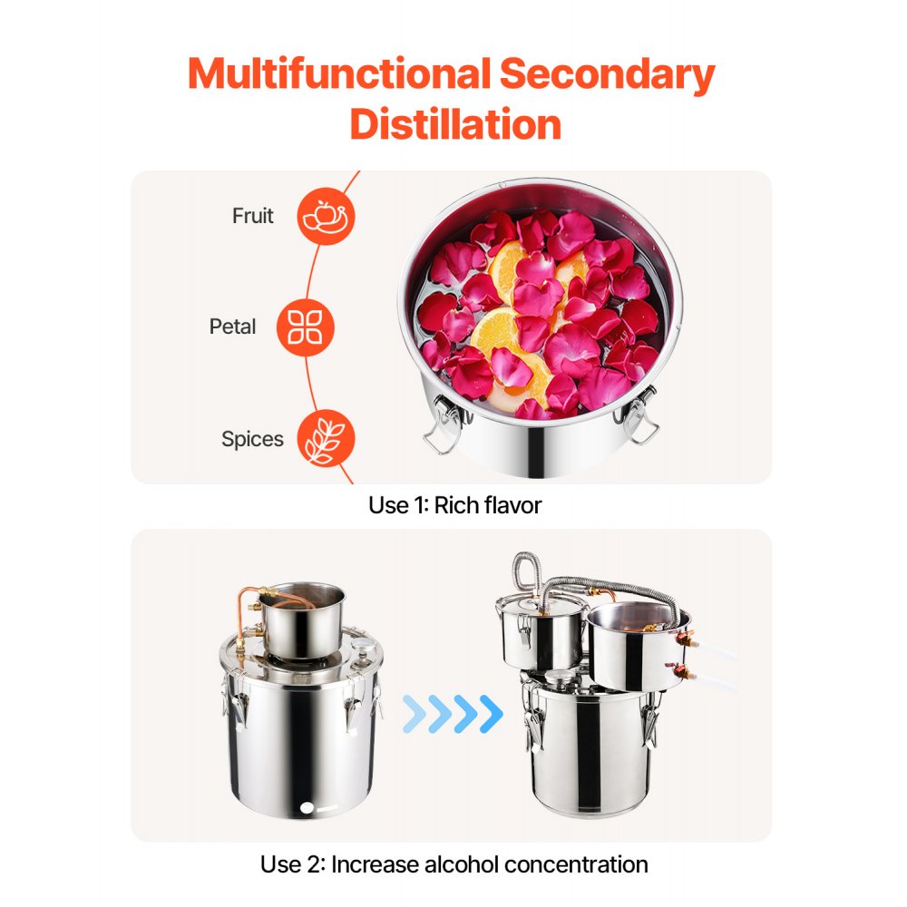 VEVOR Alcohol Still, 3 Gal / 11.4 L Stainless Steel Water Alcohol Distiller with Copper Coil for Fast Cooling, Dual Condenser Distiller Kit with Secondary Distillation, for Wine Whisky Brandy, Silver