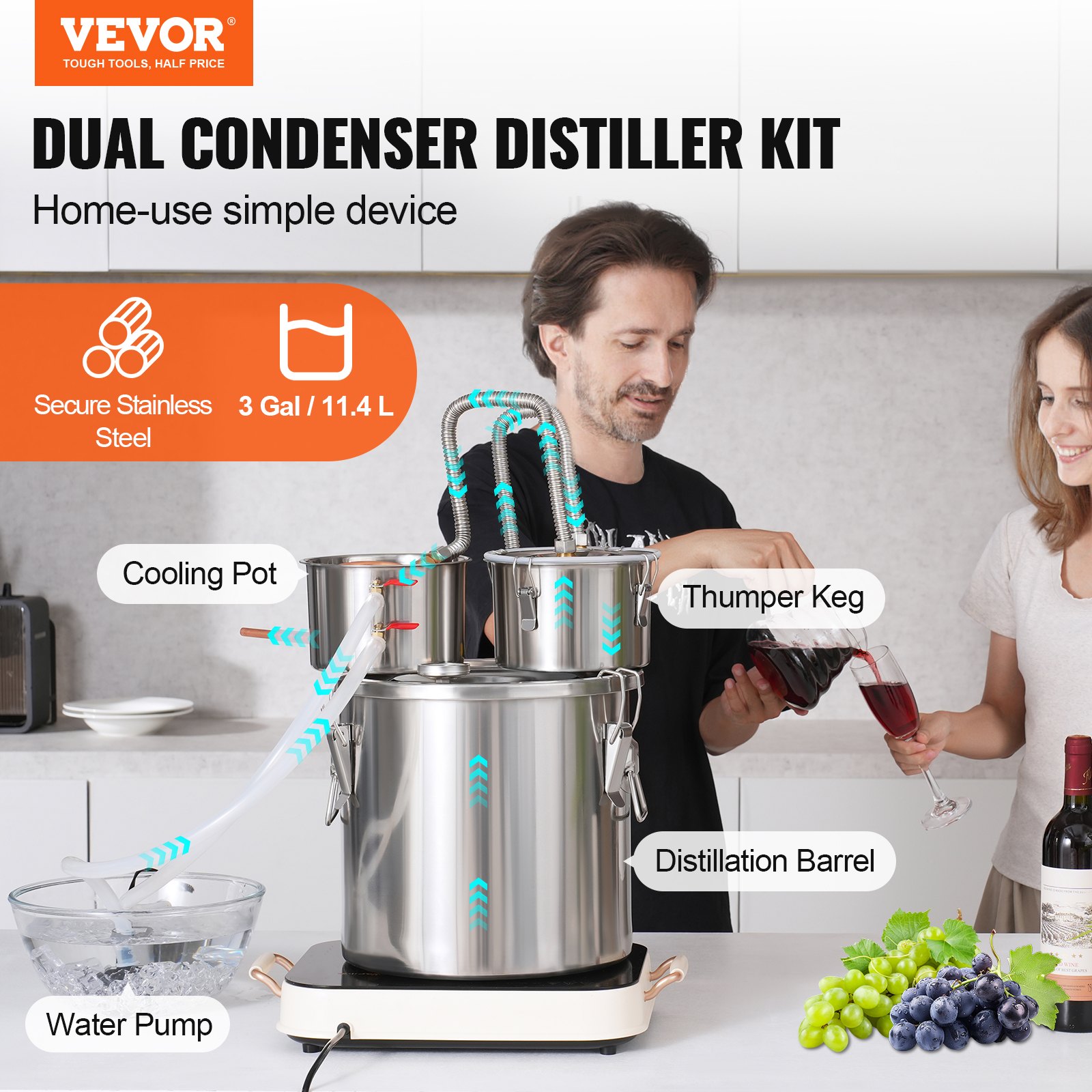 VEVOR Alcohol Still, 3 Gal / 11.4 L Stainless Steel Water Alcohol Distiller with Copper Coil for Fast Cooling, Dual Condenser Distiller Kit with Secondary Distillation, for Wine Whisky Brandy, Silver