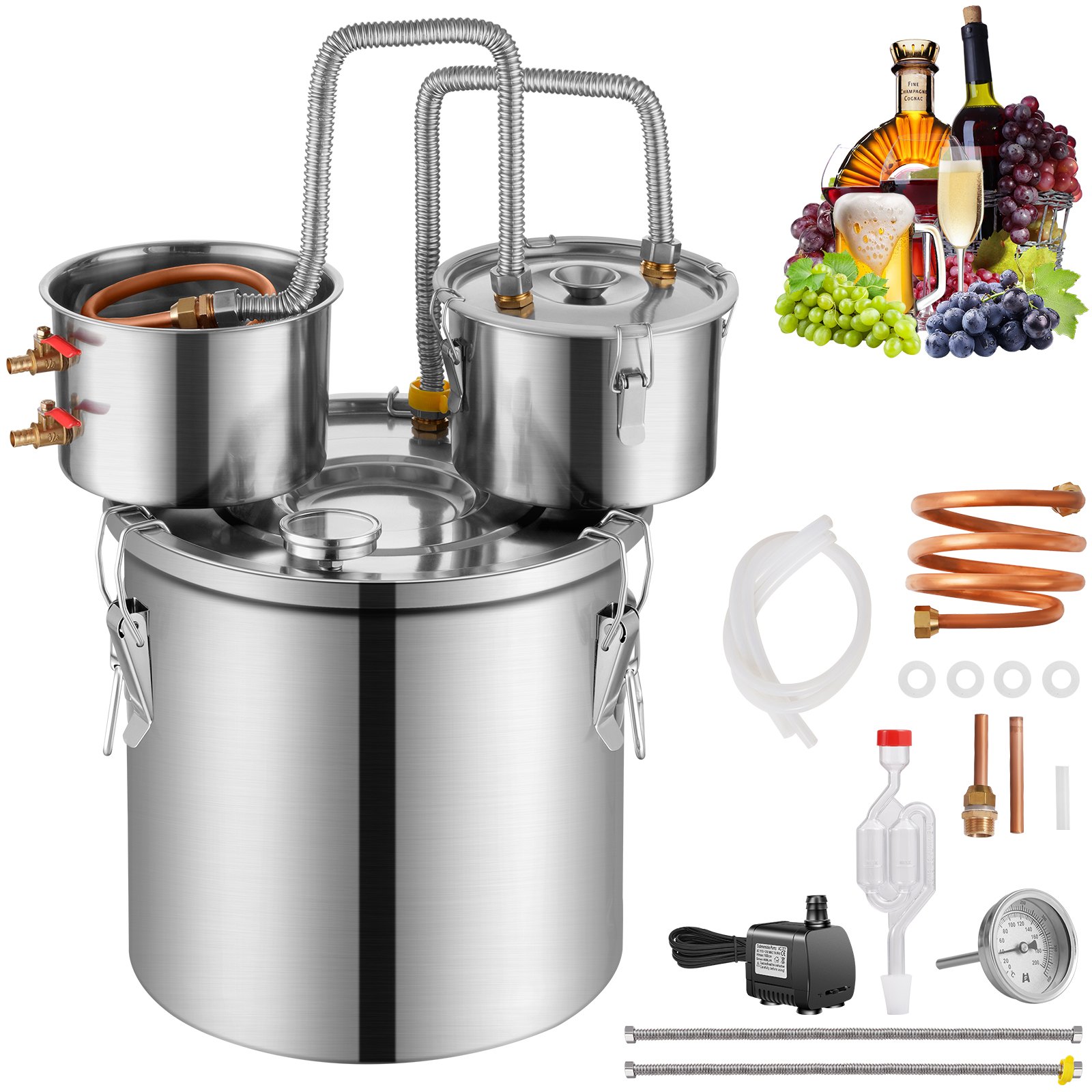 VEVOR Alcohol Still, 3 Gal / 11.4 L Stainless Steel Water Alcohol Distiller with Copper Coil for Fast Cooling, Dual Condenser Distiller Kit with Secondary Distillation, for Wine Whisky Brandy, Silver