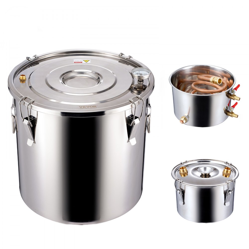 VEVOR Alcohol Still, 5 Gal / 19 L Stainless Steel Water Alcohol Distiller with Copper Coil for Fast Cooling, Dual Condenser Distiller Kit with Secondary Distillation, for Wine Whisky Brandy, Silver