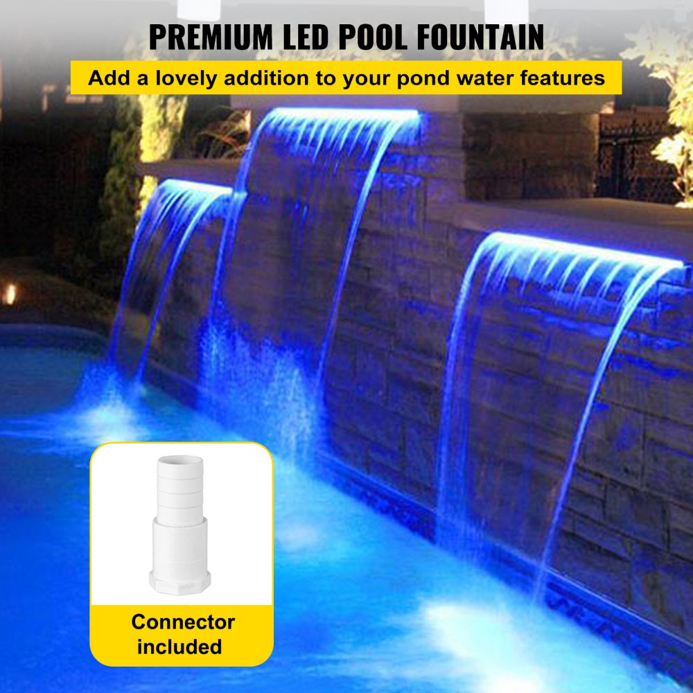 VEVOR Pool Fountain Spillway 11.8x3.2x8.1 Fountain Blue Strip LED Light, Pool Waterfall Fountain Solid Acrylic, Pool Waterfall for Pond, Swimming Pool, Squares | VEVOR US