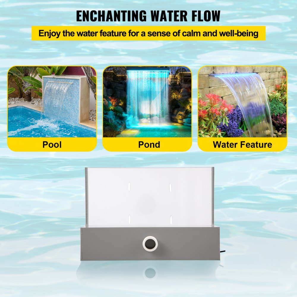 VEVOR Pool Fountain Spillway 11.8x3.2x8.1 Inches, Fountain Spilway Blue Strip LED Light, Pool Waterfall Fountain Solid Acrylic, Pool Waterfall for Garden Pond, Swimming Pool, Squares