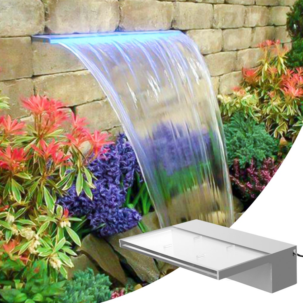 VEVOR Pool Fountain Spillway 11.8x3.2x8.1 Inches, Fountain Spilway Blue Strip LED Light, Pool Waterfall Fountain Solid Acrylic, Pool Waterfall for Garden Pond, Swimming Pool, Squares