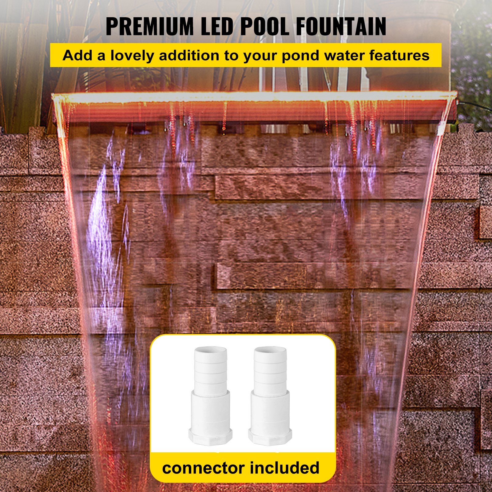VEVOR Fountain Spillway 23.6x3.2x8.1 Inch, Pool Waterfall Fountain 17 Colors Led, Pool Water Fall Kit with Remote, Pool Spillway Solid Acrylic Pool Waterfall for Garden Pond, Swimming Pool, Square