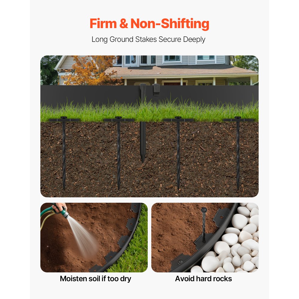 VEVOR Landscape Edging, 33 ft x 4 in Plastic Garden Border Edging with 30 Spikes & 2 Ground Stakes, No Dig, Flexible Lawn Edgings Roll, UV-Resistant Mini Fence Borders for Flower Beds Yard Paver