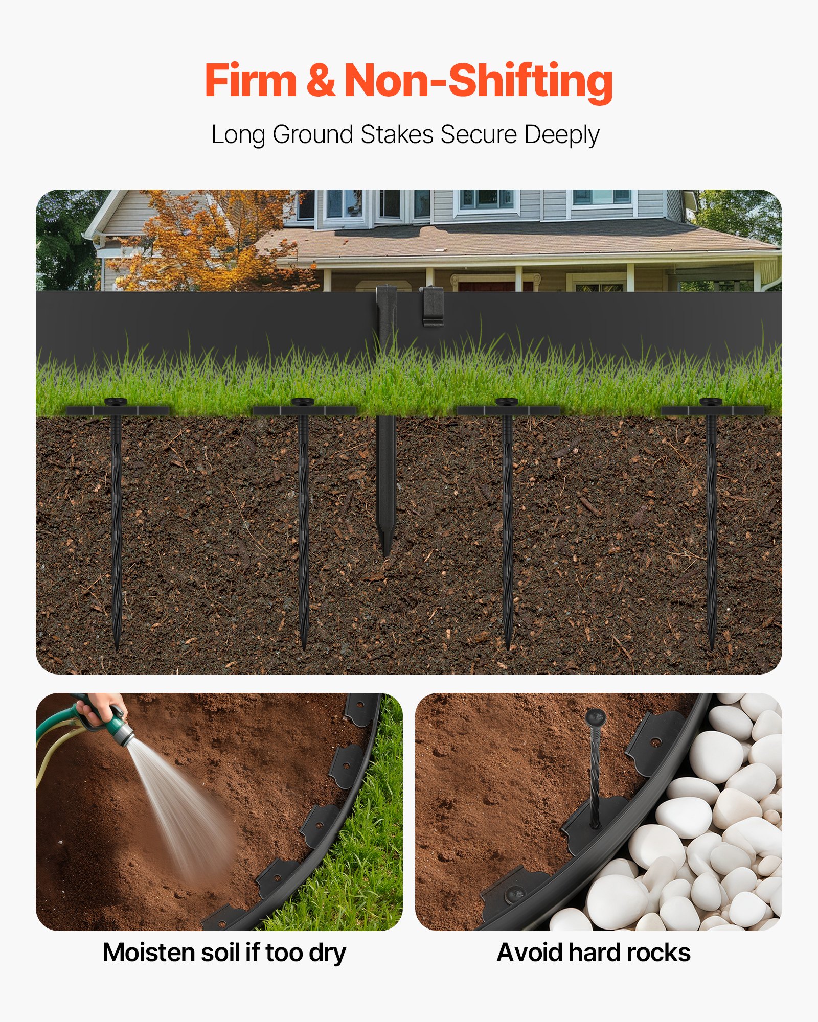 VEVOR Landscape Edging, 33 ft x 4 in Plastic Garden Border Edging with 30 Spikes & 2 Ground Stakes, No Dig, Flexible Lawn Edgings Roll, UV-Resistant Mini Fence Borders for Flower Beds Yard Paver