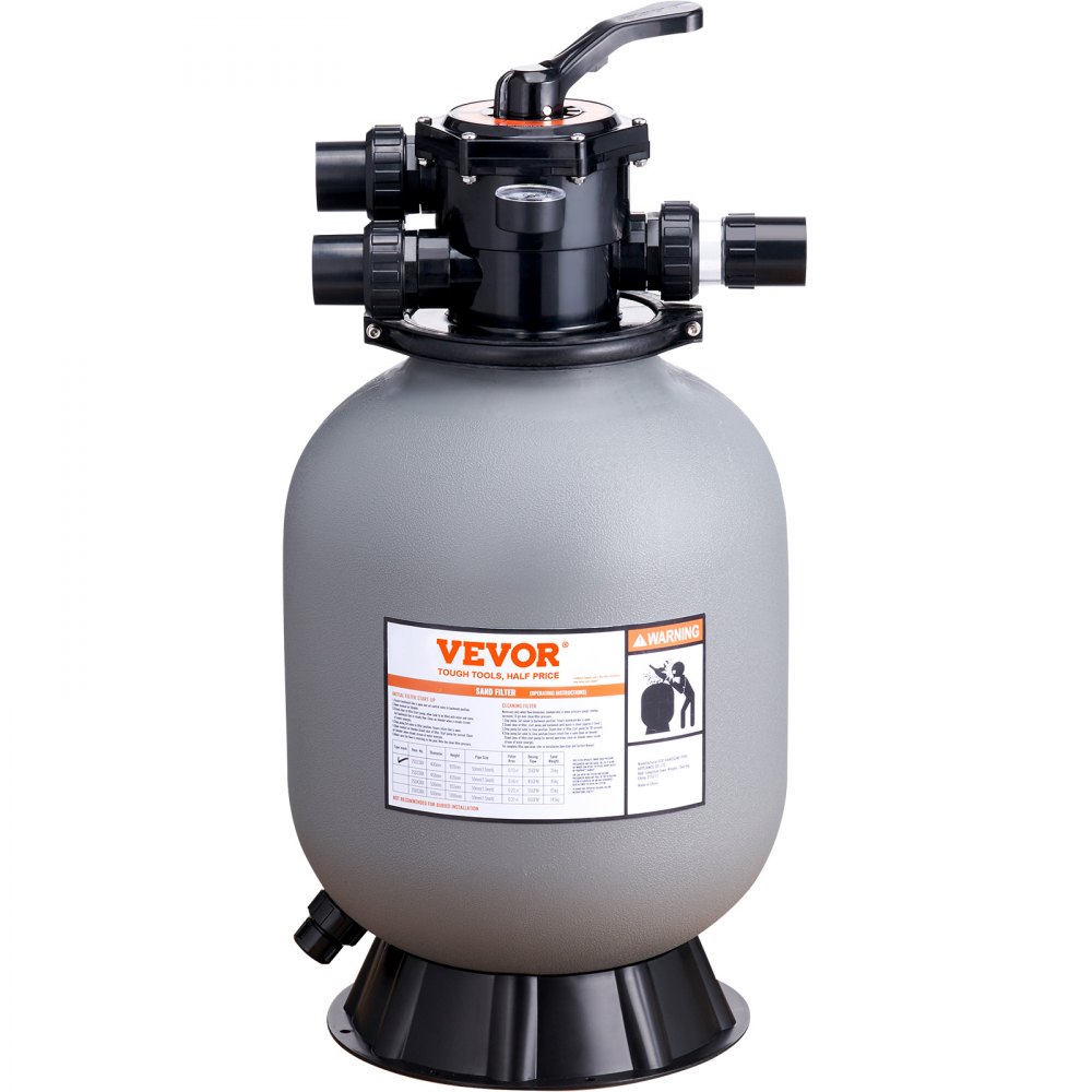 VEVOR sand filter system with control valve, gray body, and warning label on the front.